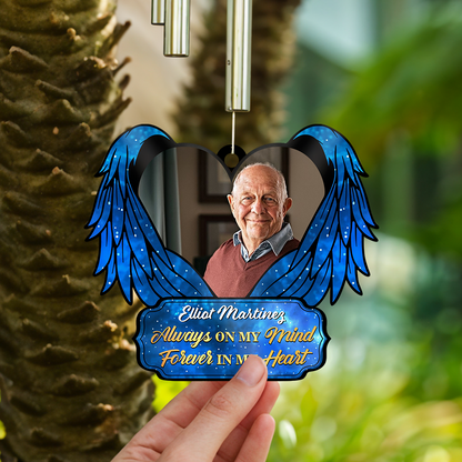 Personalized memorial wind chime with suncatcher. "Forever In My Heart" remembrance gift.