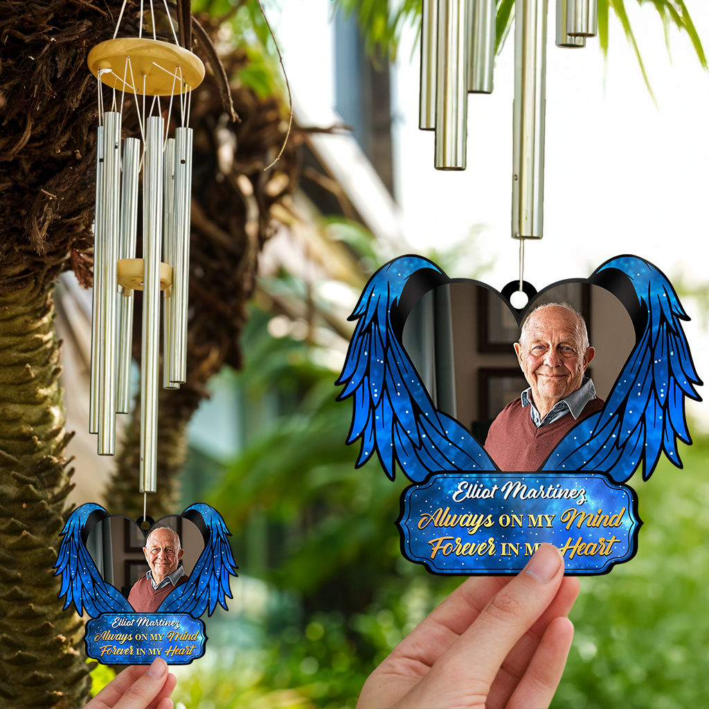 Personalized memorial wind chime with suncatcher. "Forever In My Heart" remembrance gift.