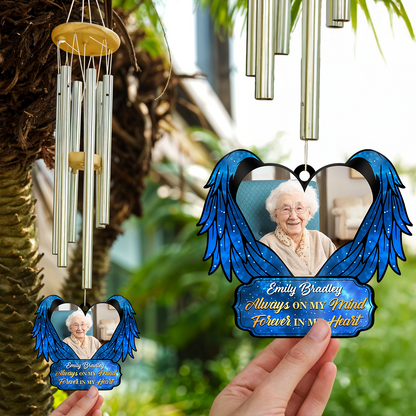 Personalized memorial wind chime with suncatcher. "Forever In My Heart" remembrance gift.