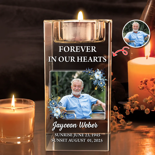 Personalized crystal candle holder with "Forever in Our Hearts" engraving, memorial gift.