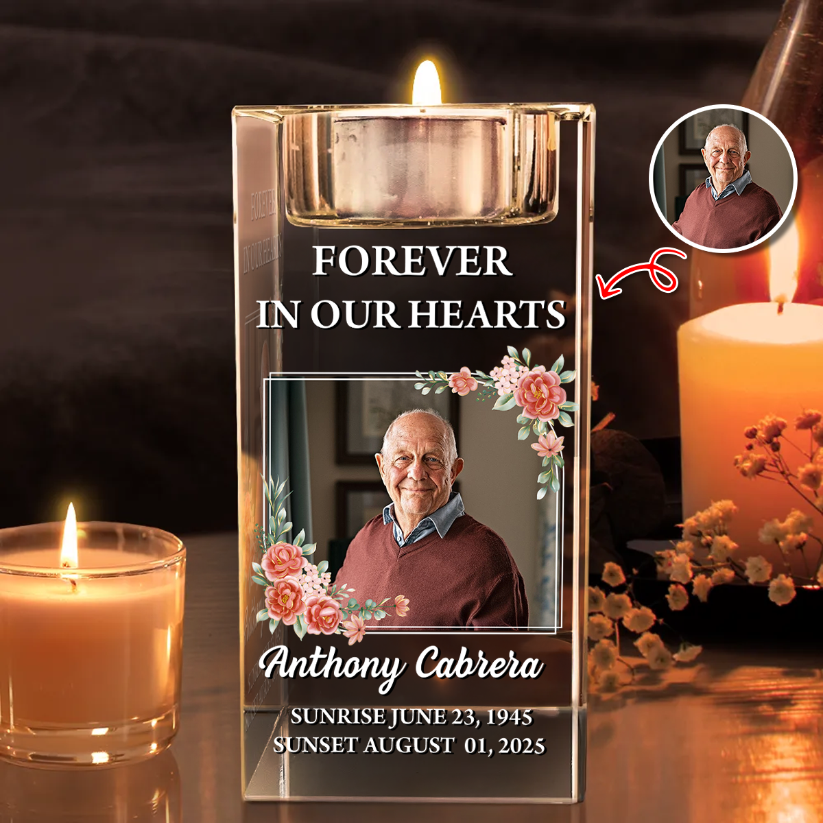 Personalized crystal candle holder with "Forever in Our Hearts" engraving, memorial gift.