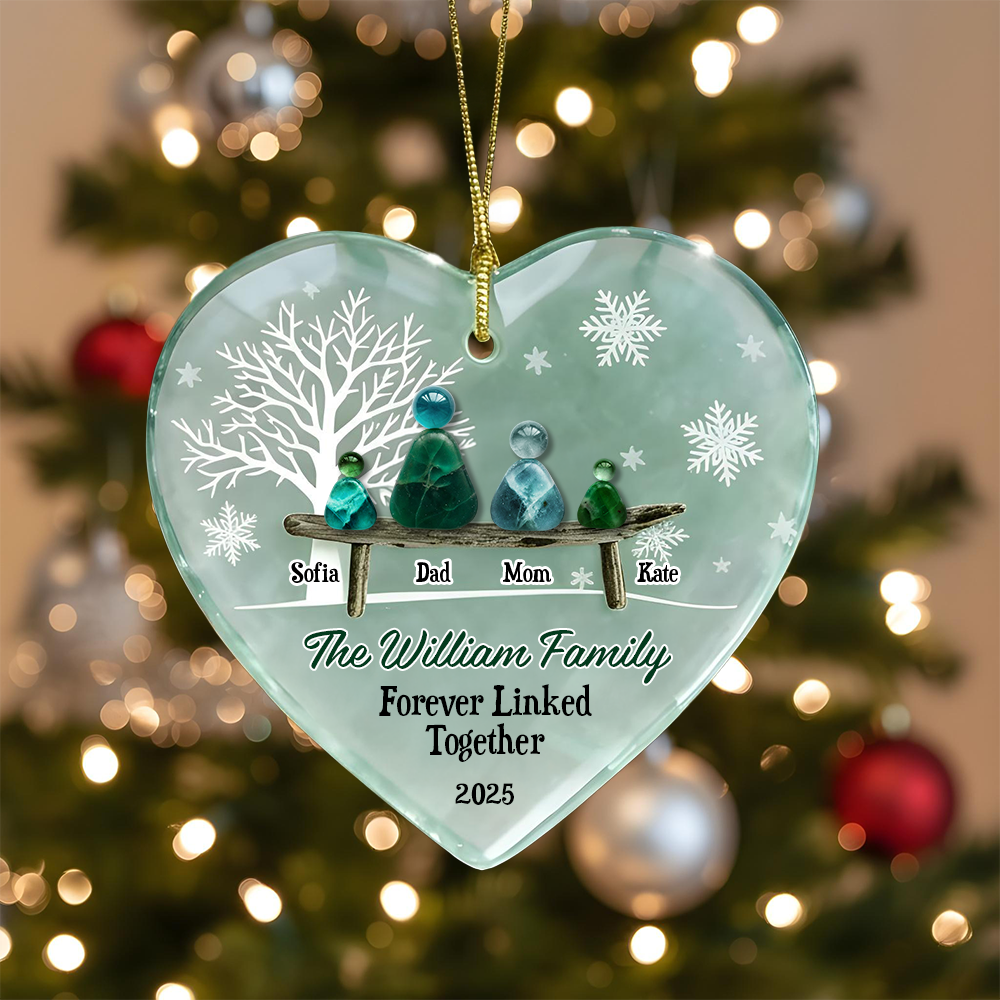 Personalized sea glass ornament with two names linked together, custom acrylic layered design.