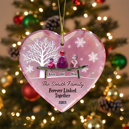 Personalized sea glass ornament with two names linked together, custom acrylic layered design.