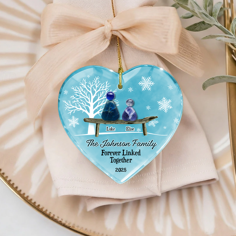 Personalized sea glass ornament with two names linked together, custom acrylic layered design.