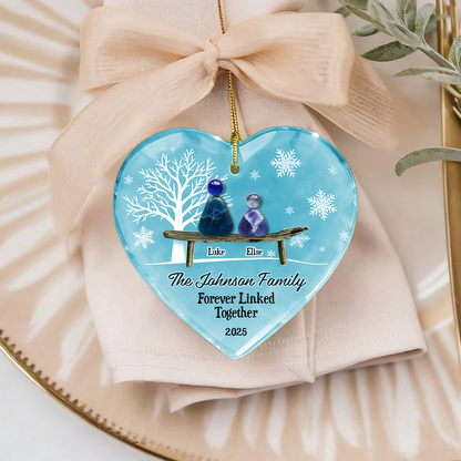 Personalized sea glass ornament with two names linked together, custom acrylic layered design.