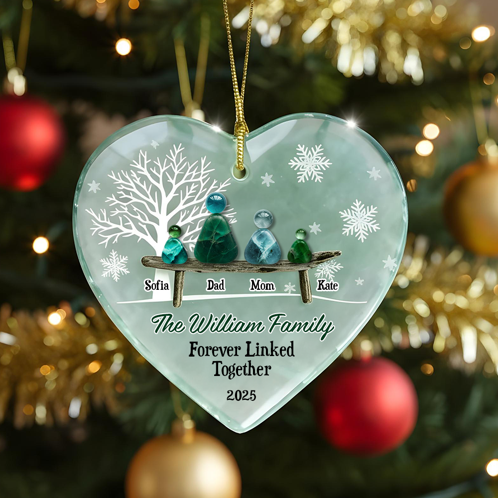 Personalized sea glass ornament with two names linked together, custom acrylic layered design.