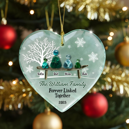 Personalized sea glass ornament with two names linked together, custom acrylic layered design.