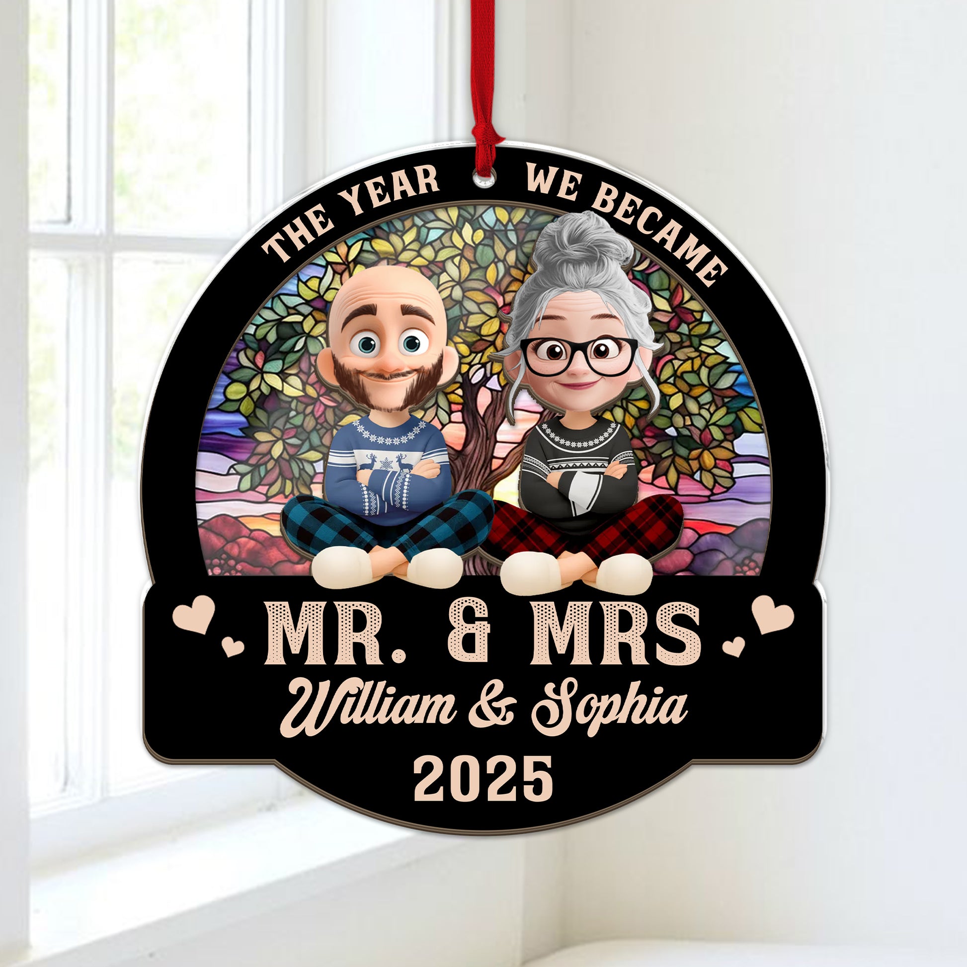 Forever Love Couple Christmas Personalized Suncatcher Ornament - View of a loving couple at a window.