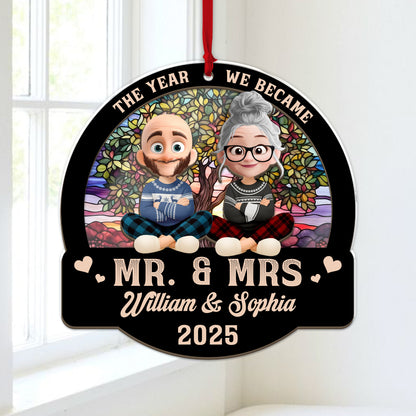 Forever Love Couple Christmas Personalized Suncatcher Ornament - View of a loving couple at a window.