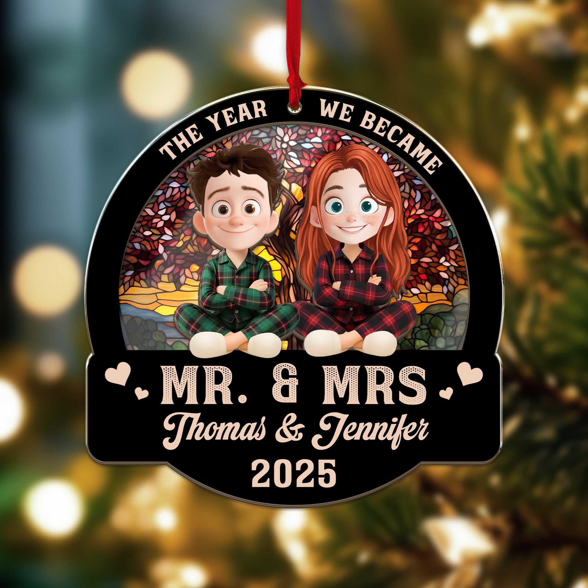 Forever Love Couple Christmas Personalized Suncatcher Ornament - View of a loving couple at a window.