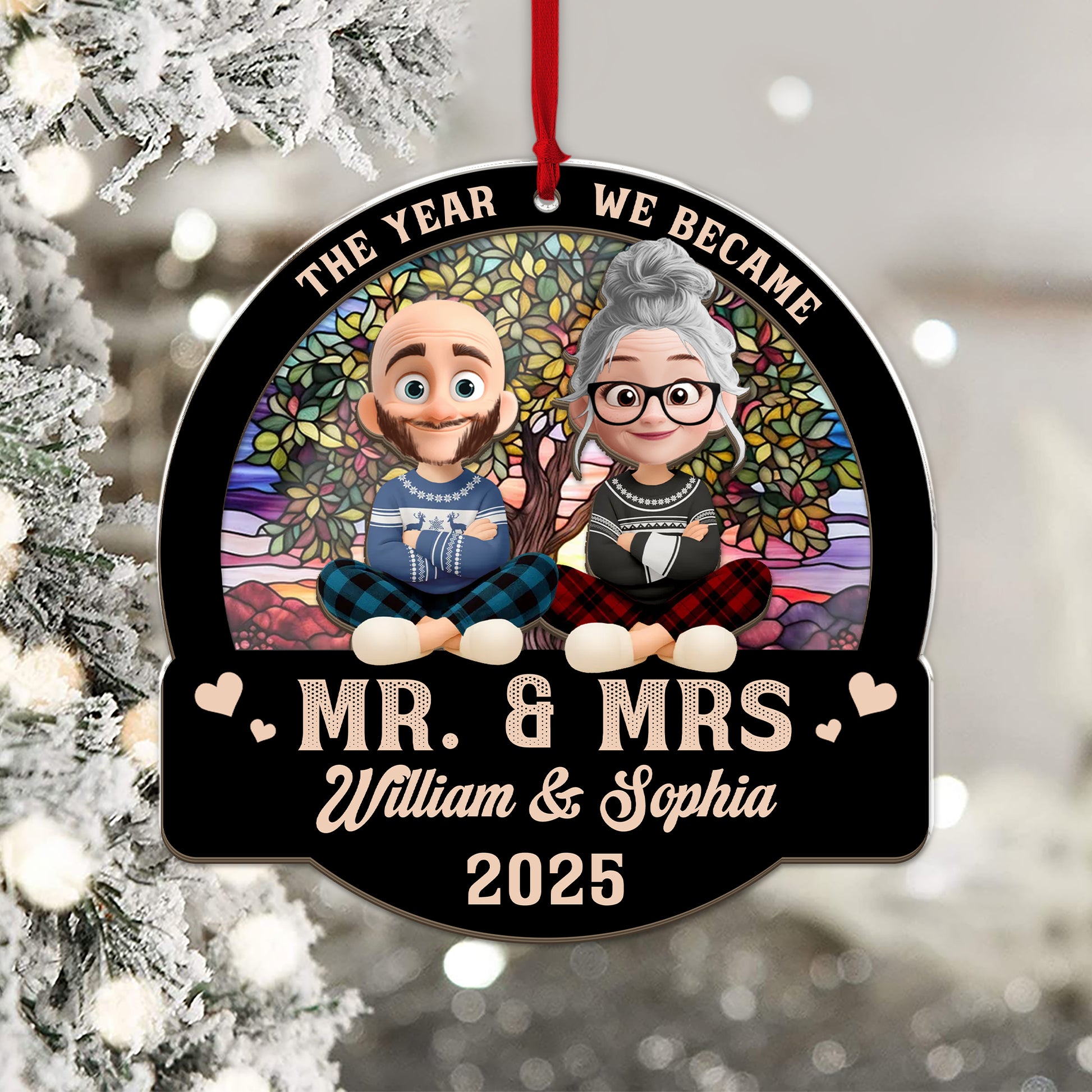 Forever Love Couple Christmas Personalized Suncatcher Ornament - View of a loving couple at a window.