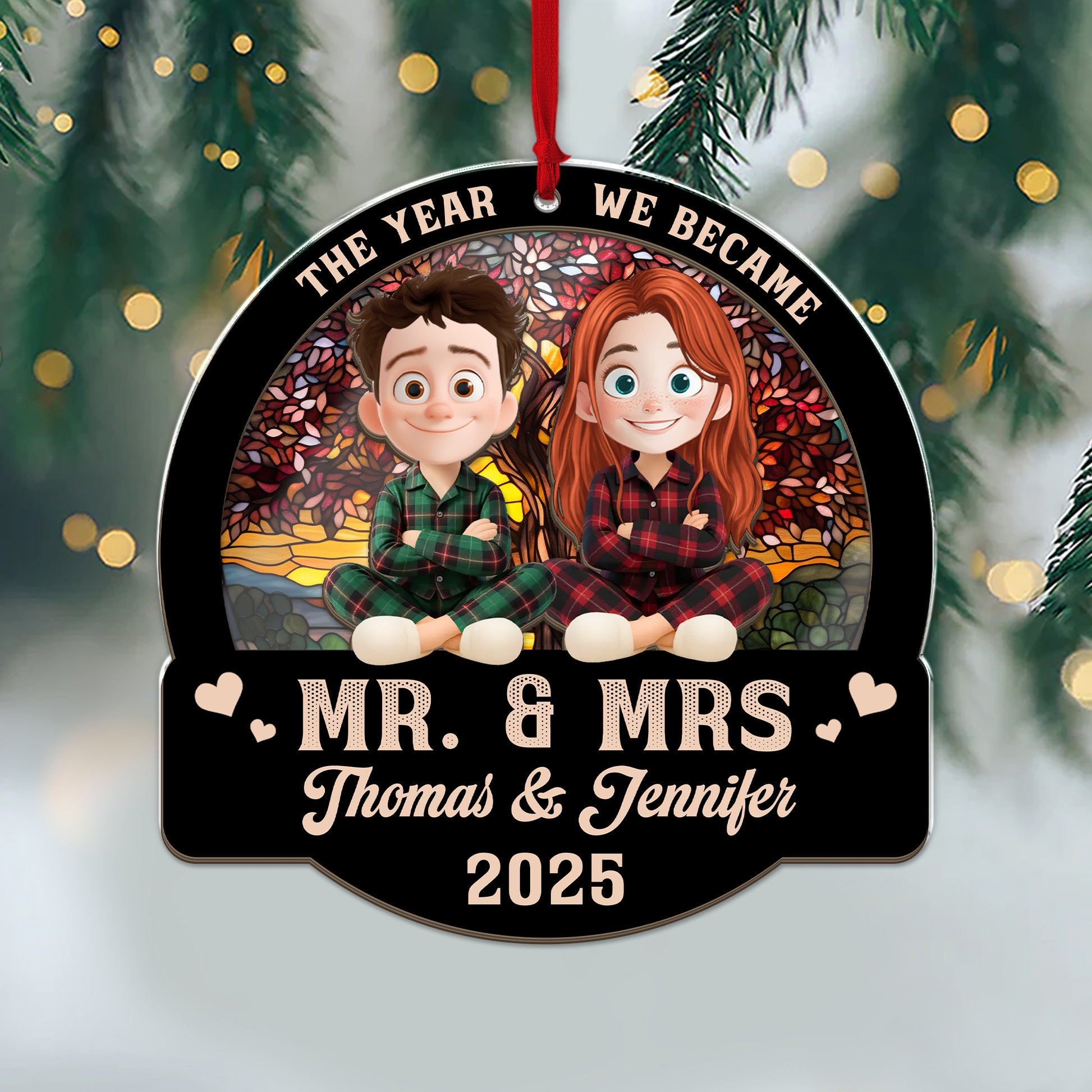 Forever Love Couple Christmas Personalized Suncatcher Ornament - View of a loving couple at a window.