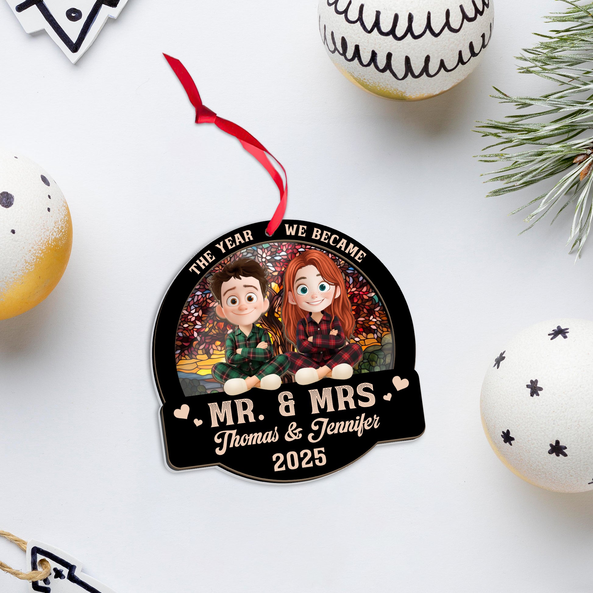 Forever Love Couple Christmas Personalized Suncatcher Ornament - View of a loving couple at a window.