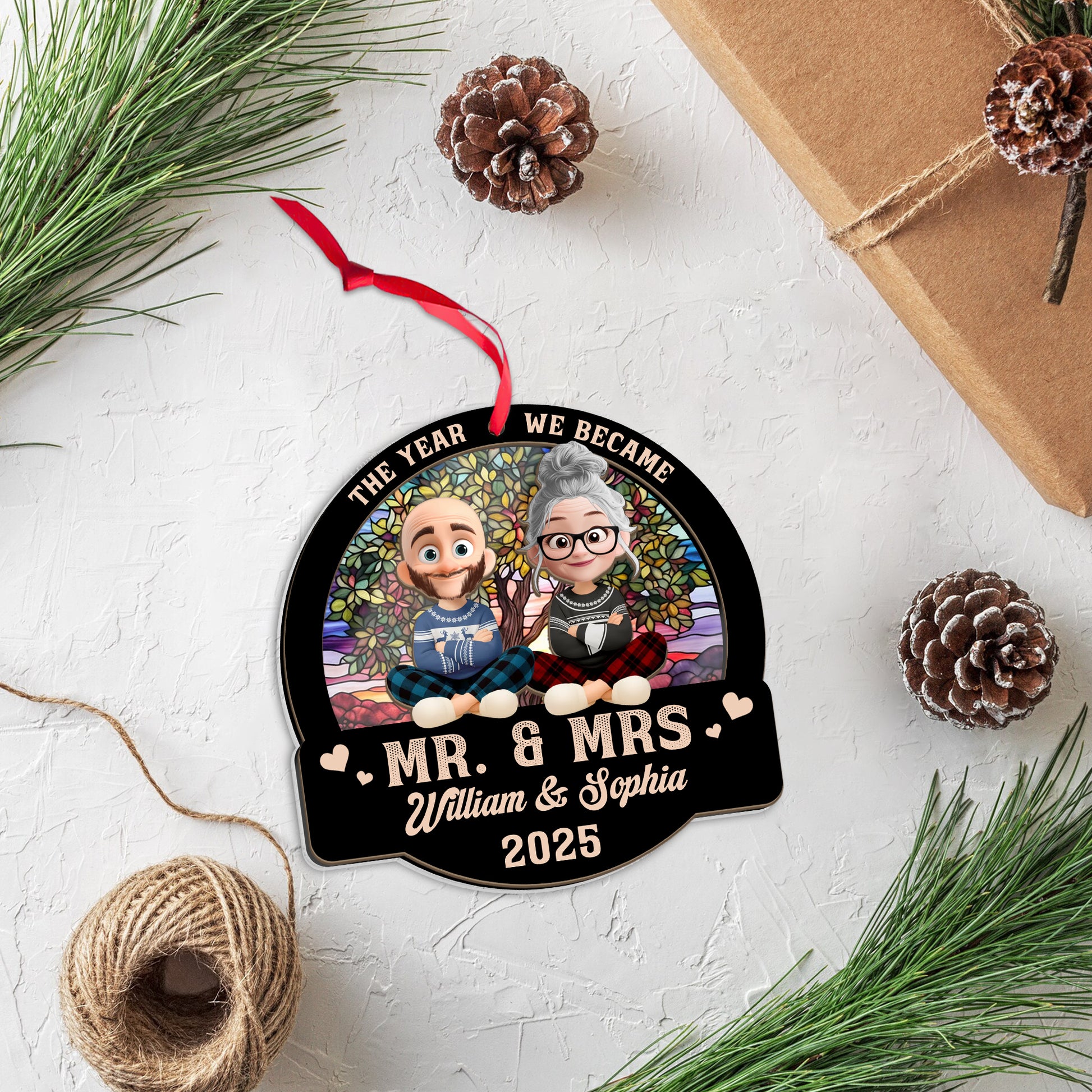 Forever Love Couple Christmas Personalized Suncatcher Ornament - View of a loving couple at a window.