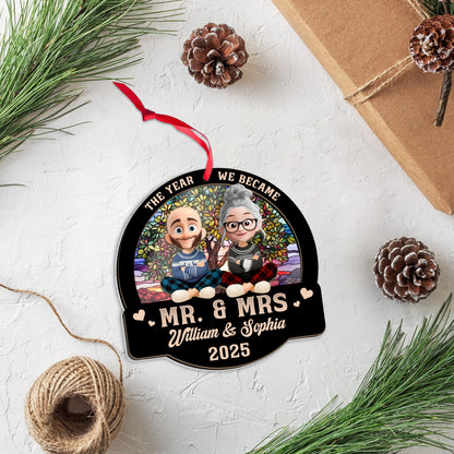 Forever Love Couple Christmas Personalized Suncatcher Ornament - View of a loving couple at a window.