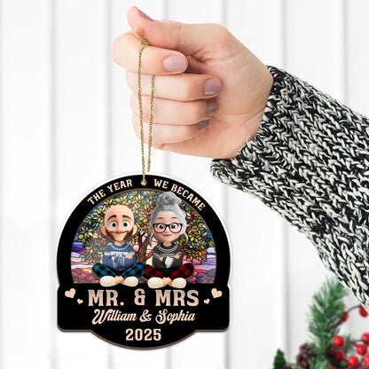 Forever Love Couple Christmas Personalized Suncatcher Ornament - View of a loving couple at a window.