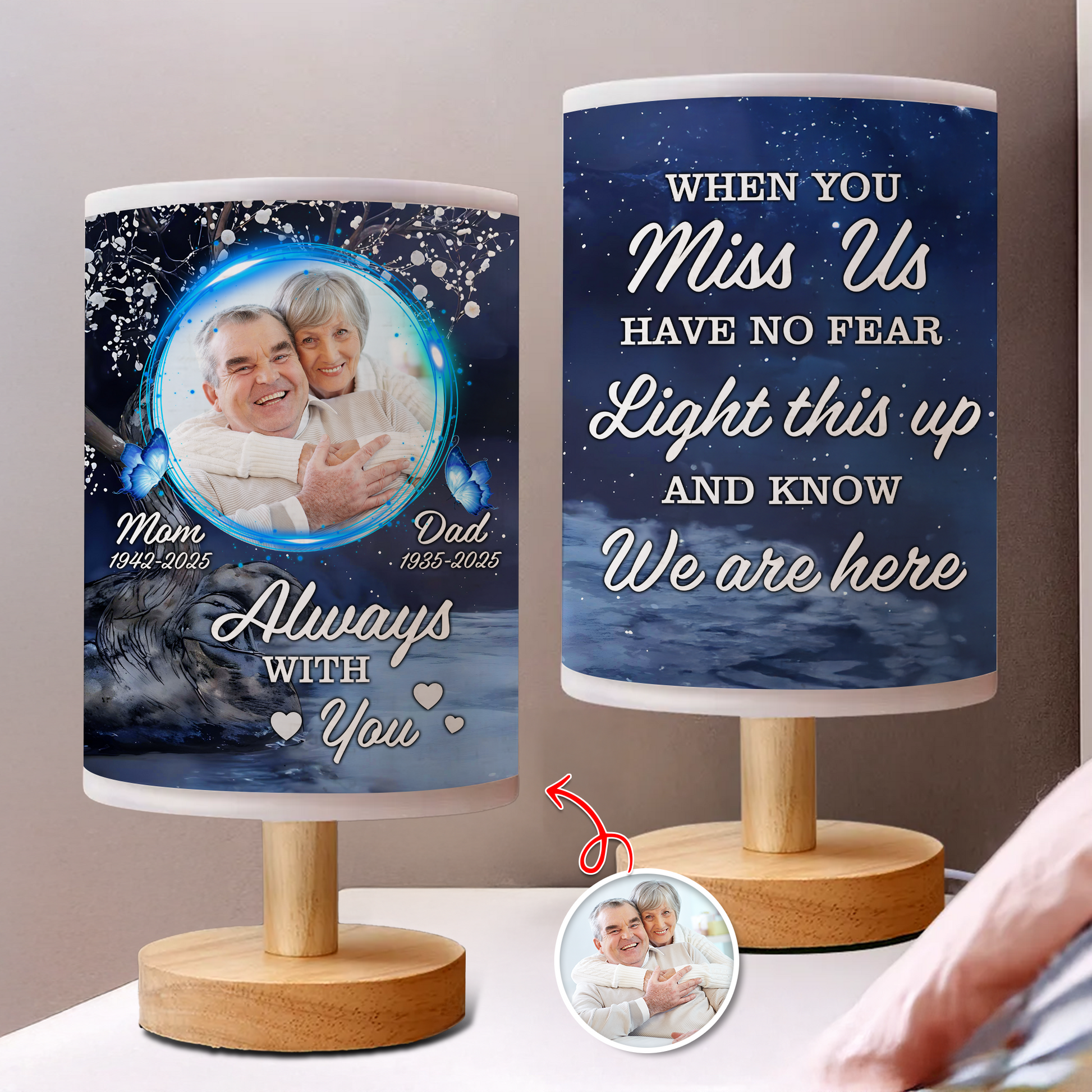 Forever Loved Personalized Fabric Lamp with custom photos and a warm, comforting glow.