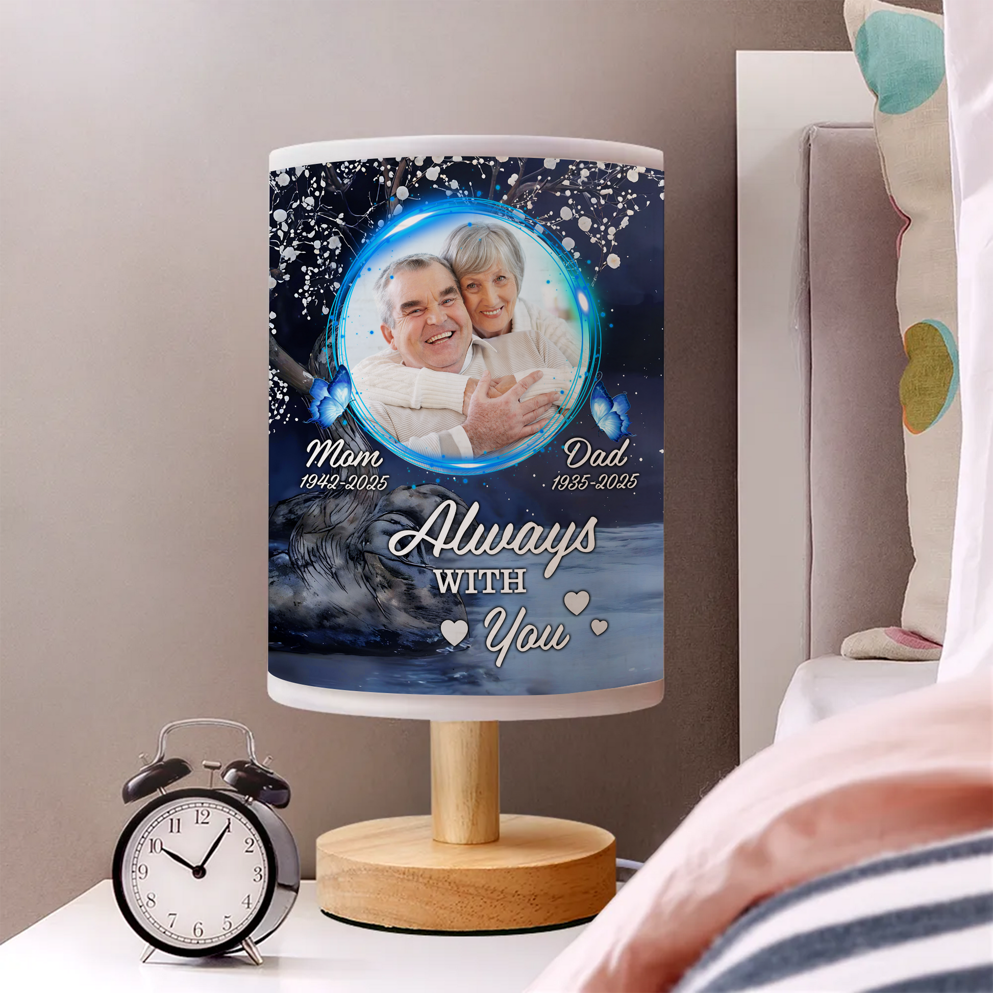Forever Loved Personalized Fabric Lamp with custom photos and a warm, comforting glow.