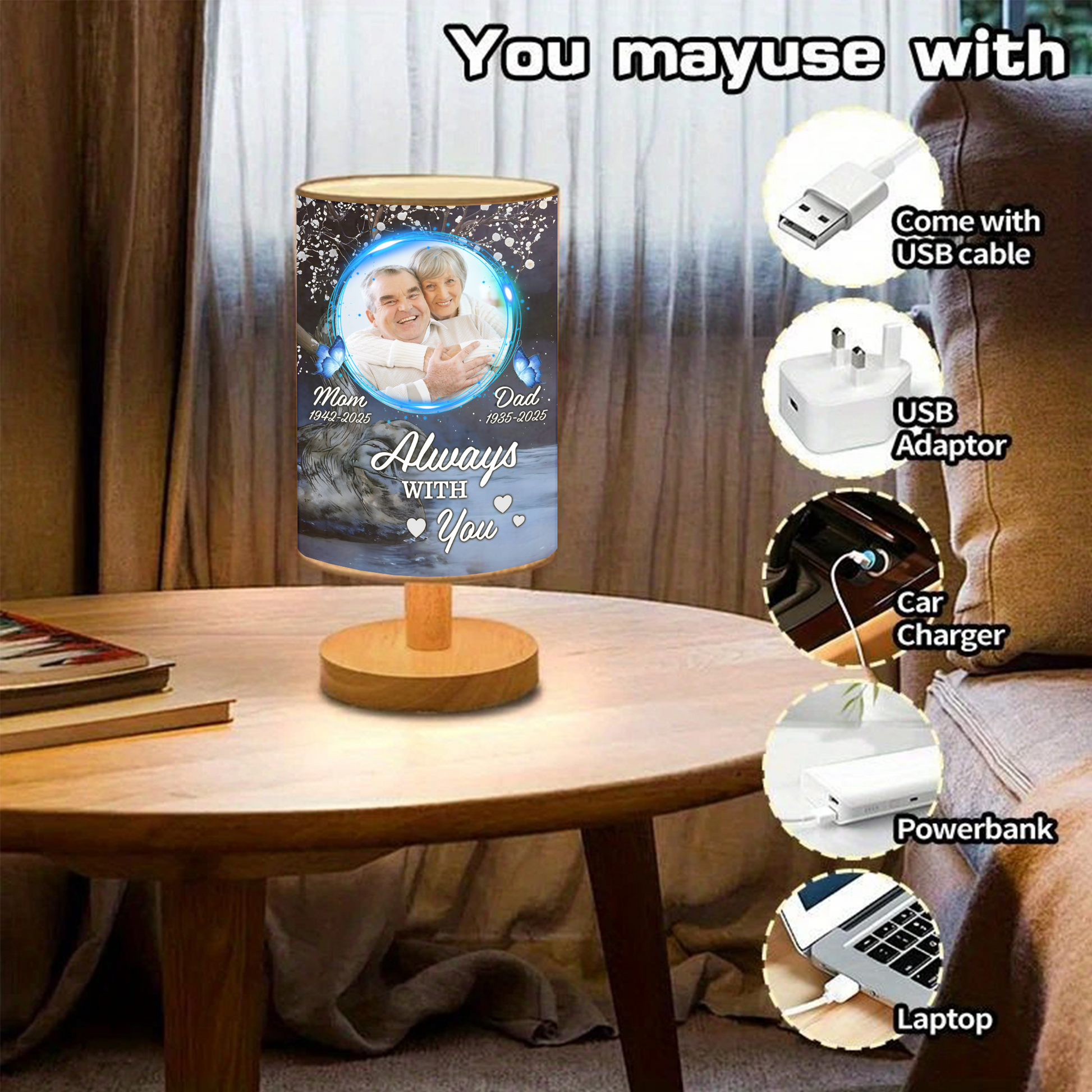 Forever Loved Personalized Fabric Lamp with custom photos and a warm, comforting glow.