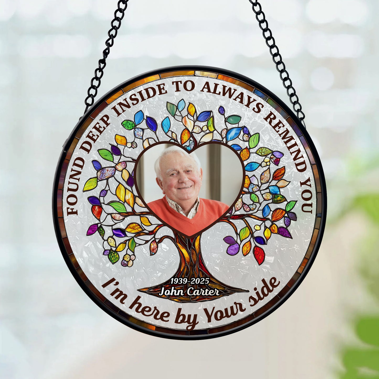 Personalized photo stained glass suncatcher with a cherished memory, found deep inside.