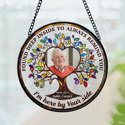 Personalized photo stained glass suncatcher with a cherished memory, found deep inside.