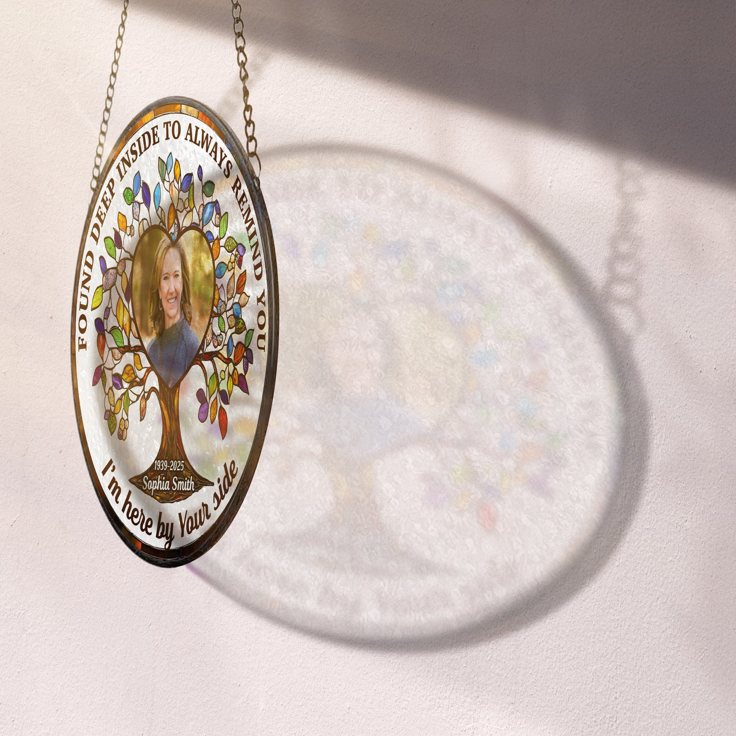 Personalized photo stained glass suncatcher with a cherished memory, found deep inside.