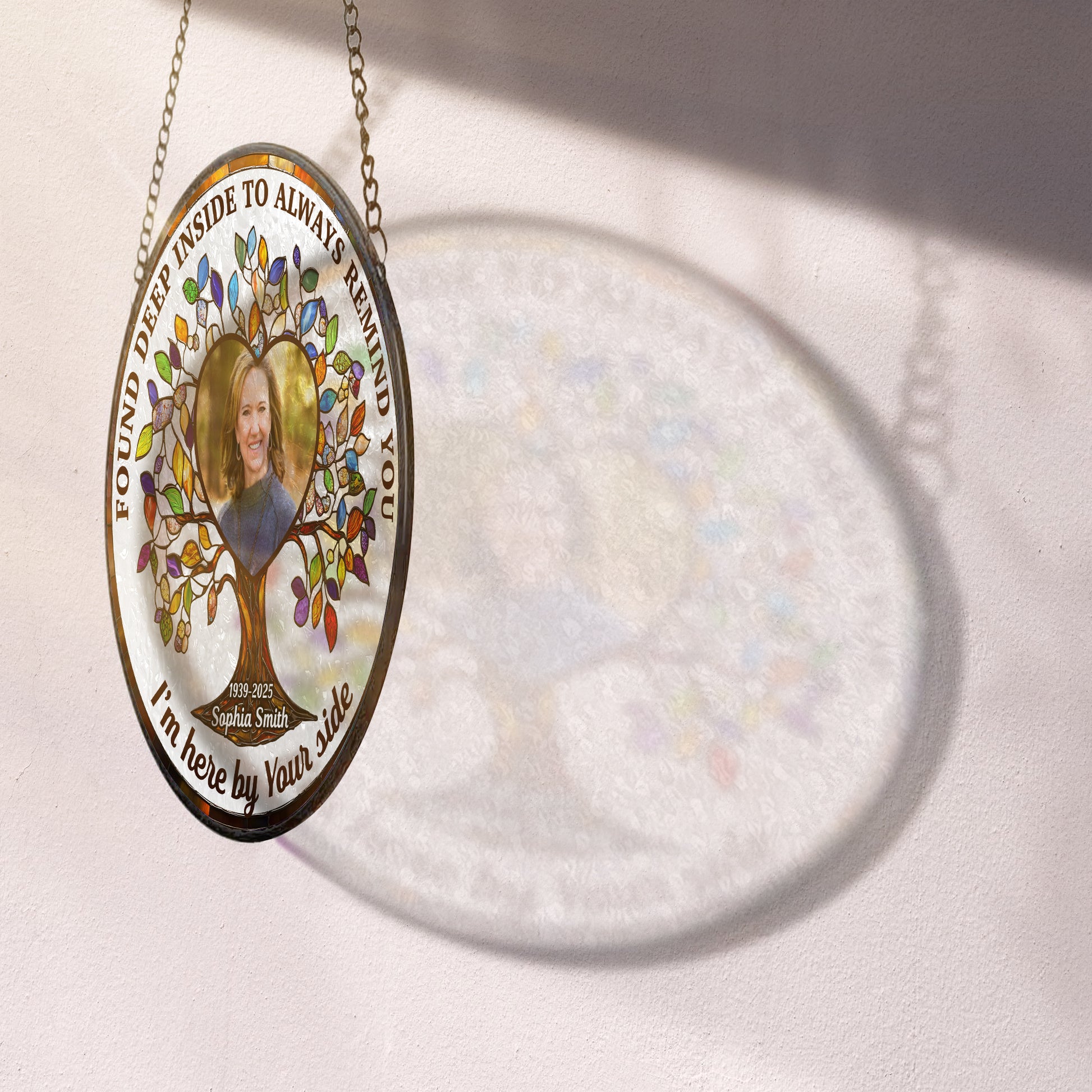 Personalized photo stained glass suncatcher with a cherished memory, found deep inside.