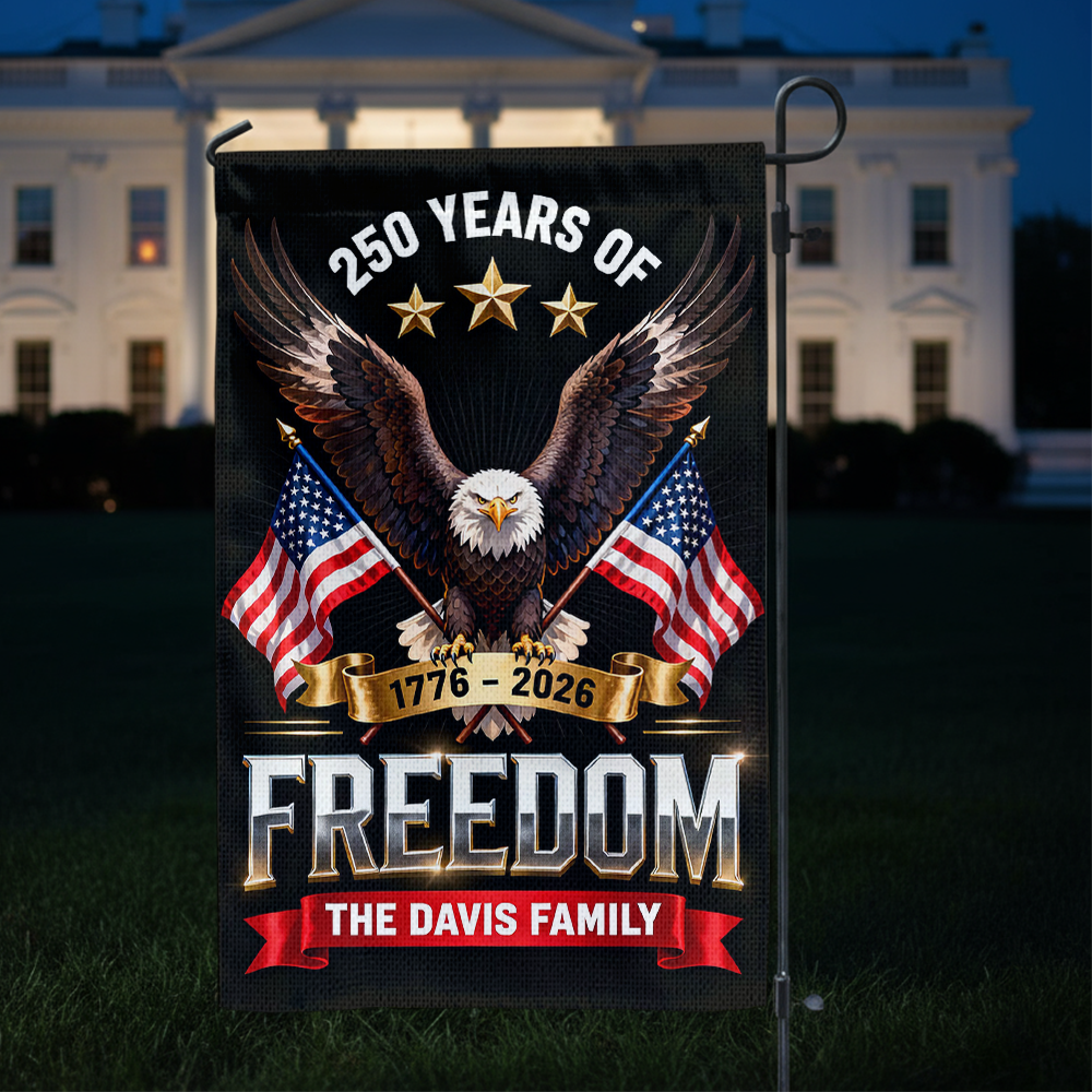 Personalized "Freedom 250 Years" garden flag celebrating America's Semiquincentennial.