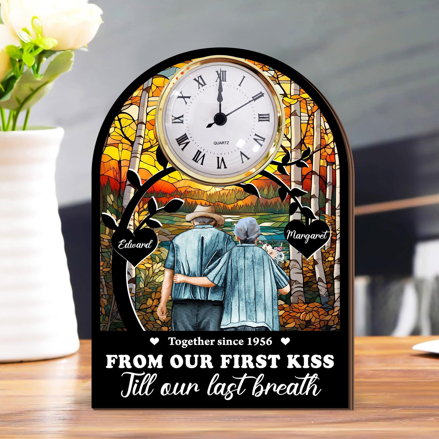 Personalized couple desk clock plaque gift with photo, perfect for celebrating your first kiss anniversary.