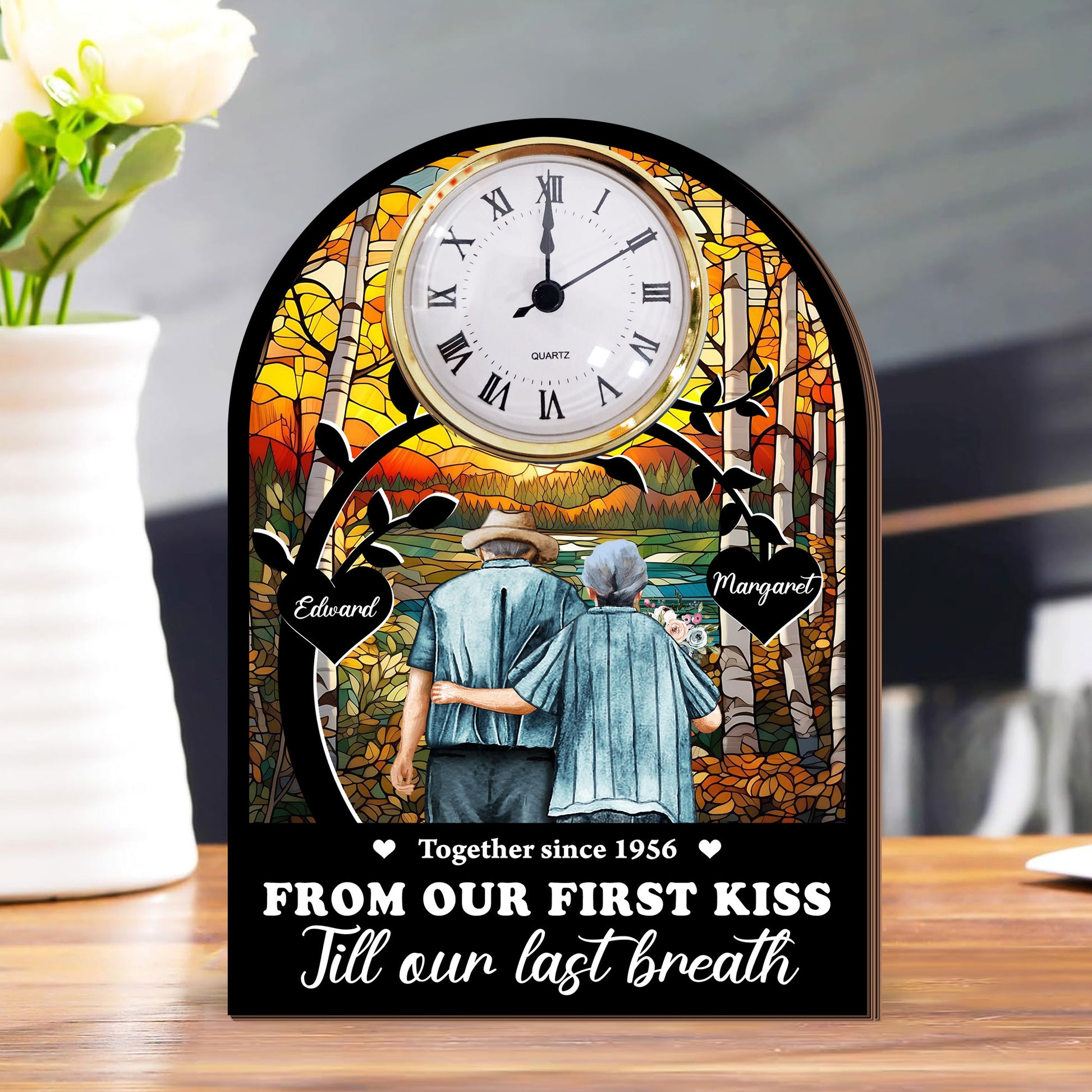 Personalized couple desk clock plaque gift with photo, perfect for celebrating your first kiss anniversary.