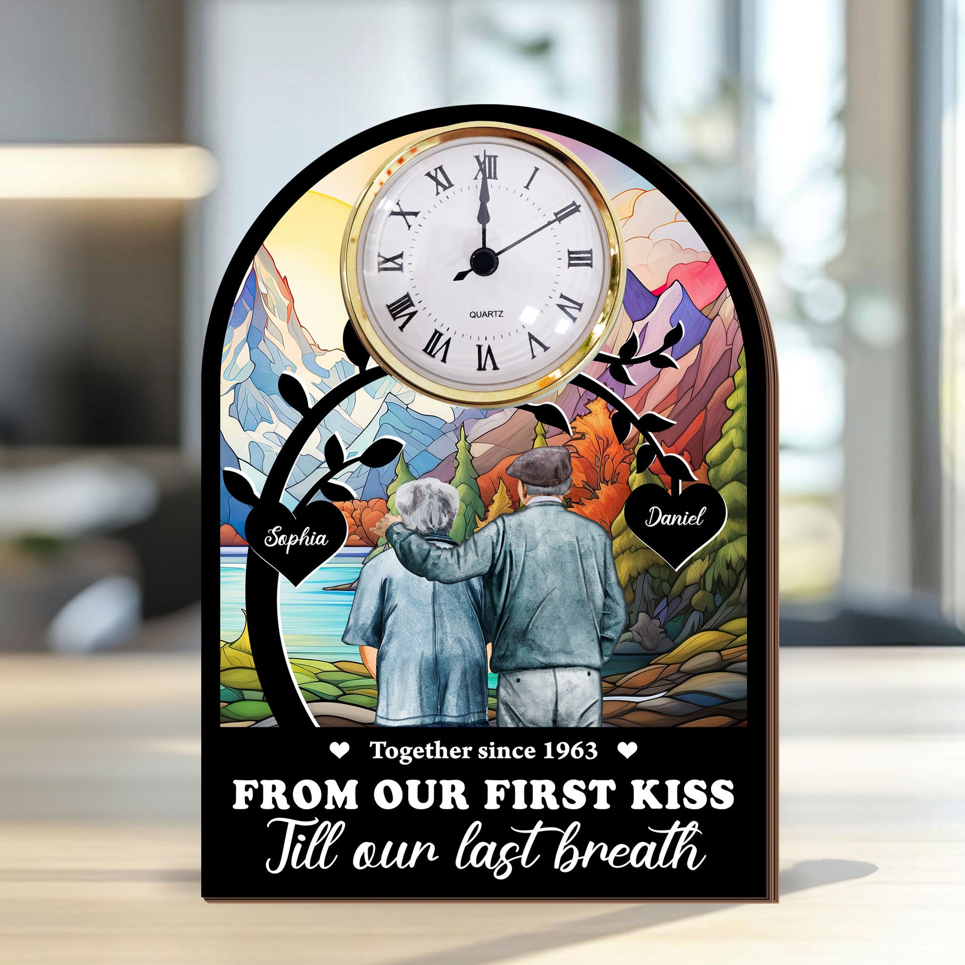 Personalized couple desk clock plaque gift with photo, perfect for celebrating your first kiss anniversary.