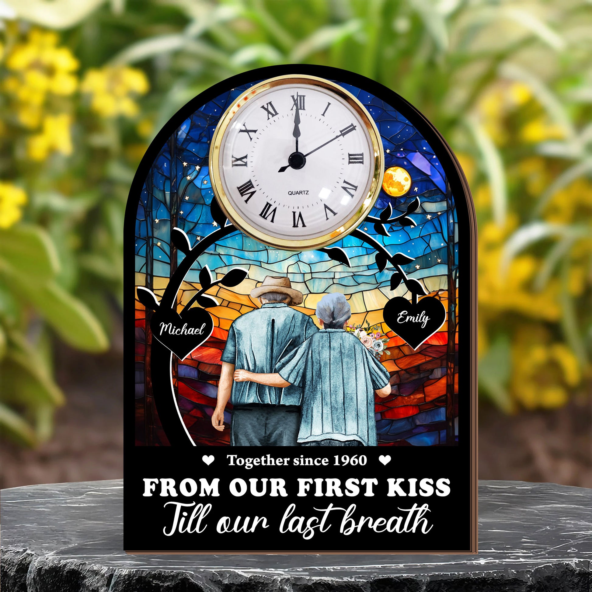 Personalized couple desk clock plaque gift with photo, perfect for celebrating your first kiss anniversary.