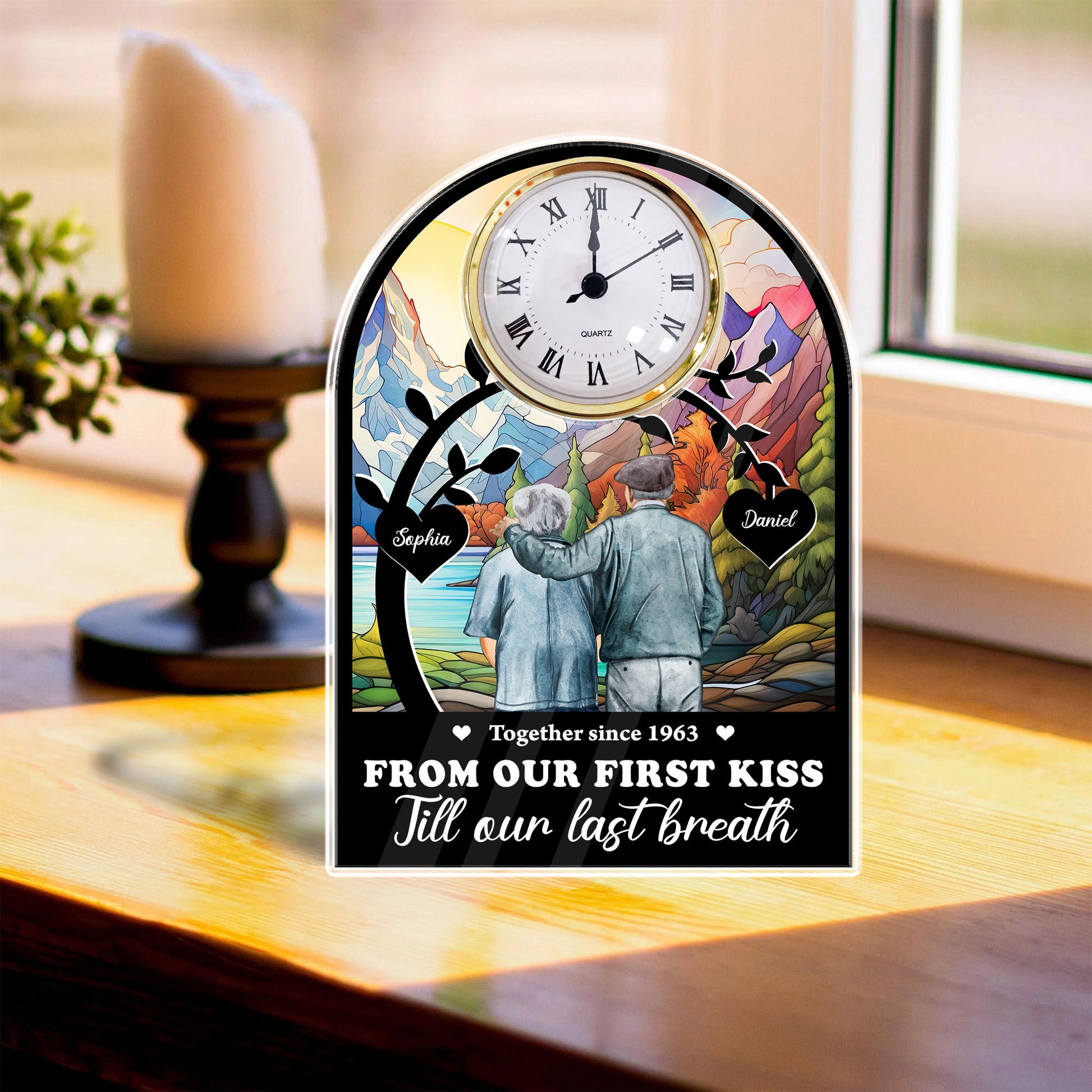 Personalized couple desk clock plaque gift with photo, perfect for celebrating your first kiss anniversary.