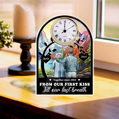 Personalized couple desk clock plaque gift with photo, perfect for celebrating your first kiss anniversary.