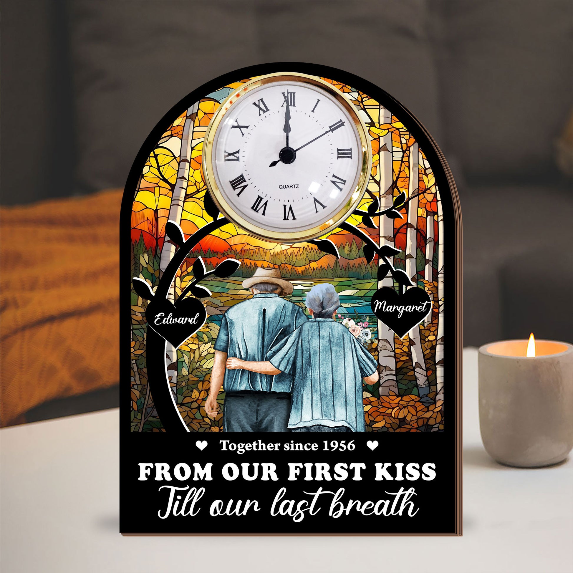 Personalized couple desk clock plaque gift with photo, perfect for celebrating your first kiss anniversary.