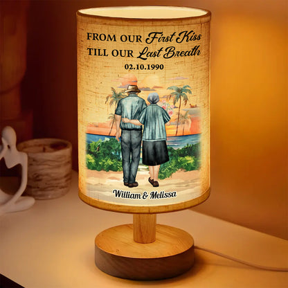 Personalized fabric lamp with "From Our First Kiss" design. A unique and romantic custom lighting gift.