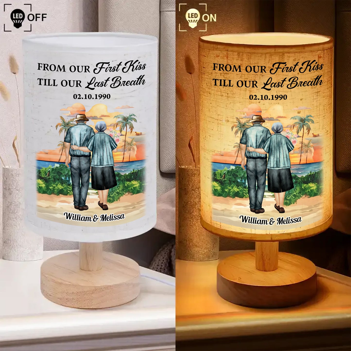 Personalized fabric lamp with "From Our First Kiss" design. A unique and romantic custom lighting gift.