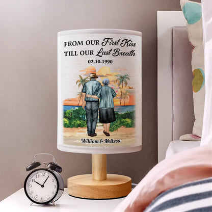 Personalized fabric lamp with "From Our First Kiss" design. A unique and romantic custom lighting gift.