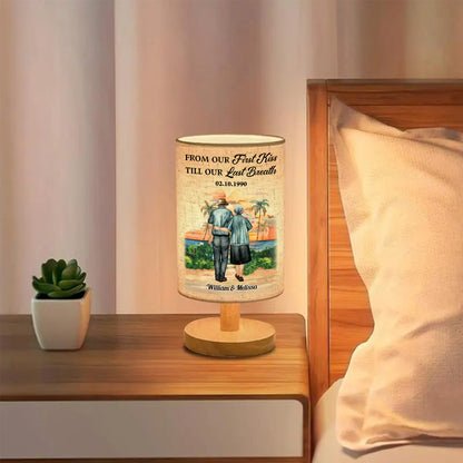 Personalized fabric lamp with "From Our First Kiss" design. A unique and romantic custom lighting gift.