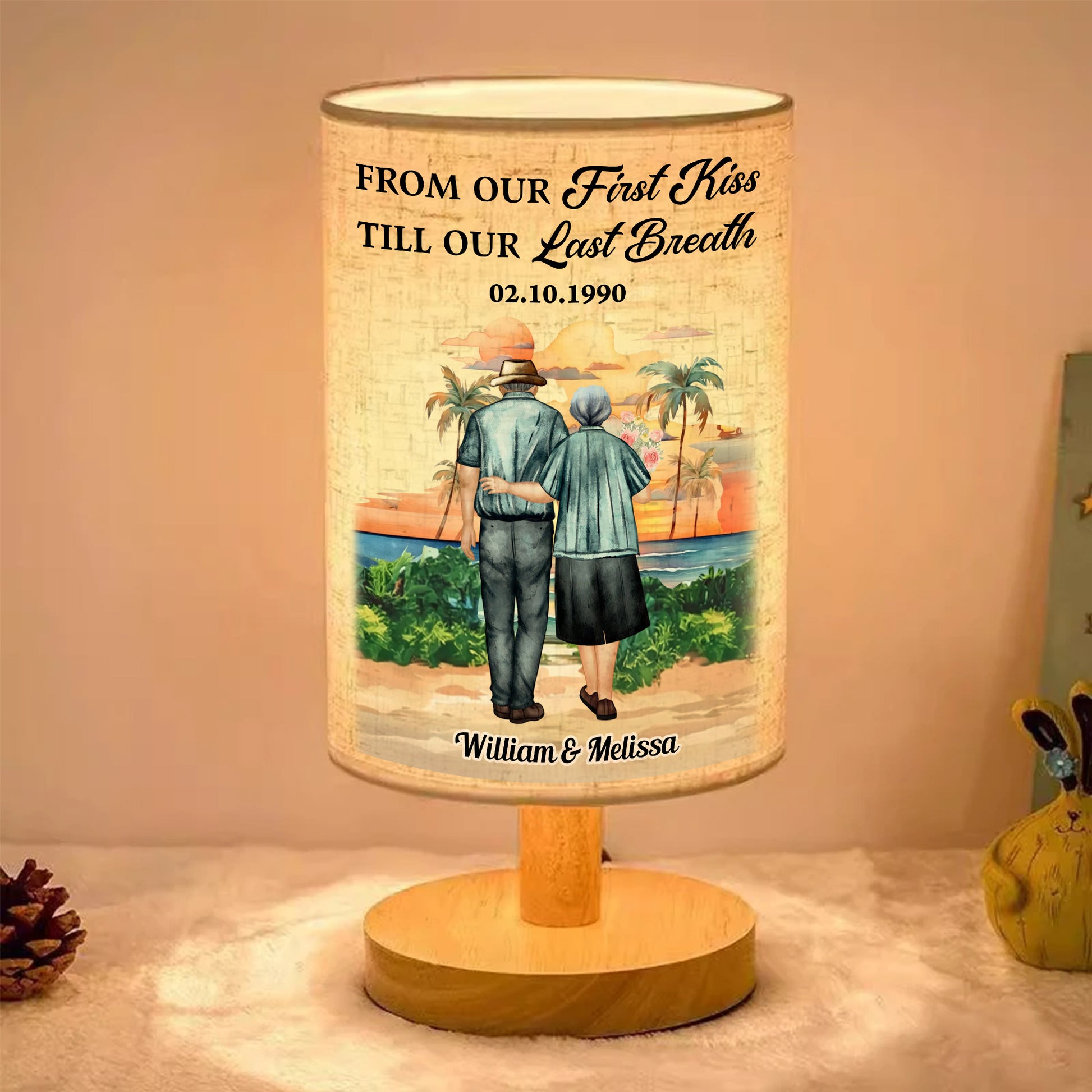 Personalized fabric lamp with "From Our First Kiss" design. A unique and romantic custom lighting gift.