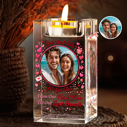 Personalized crystal candle holder with names, and "From our first kiss till our last breath" inscription.