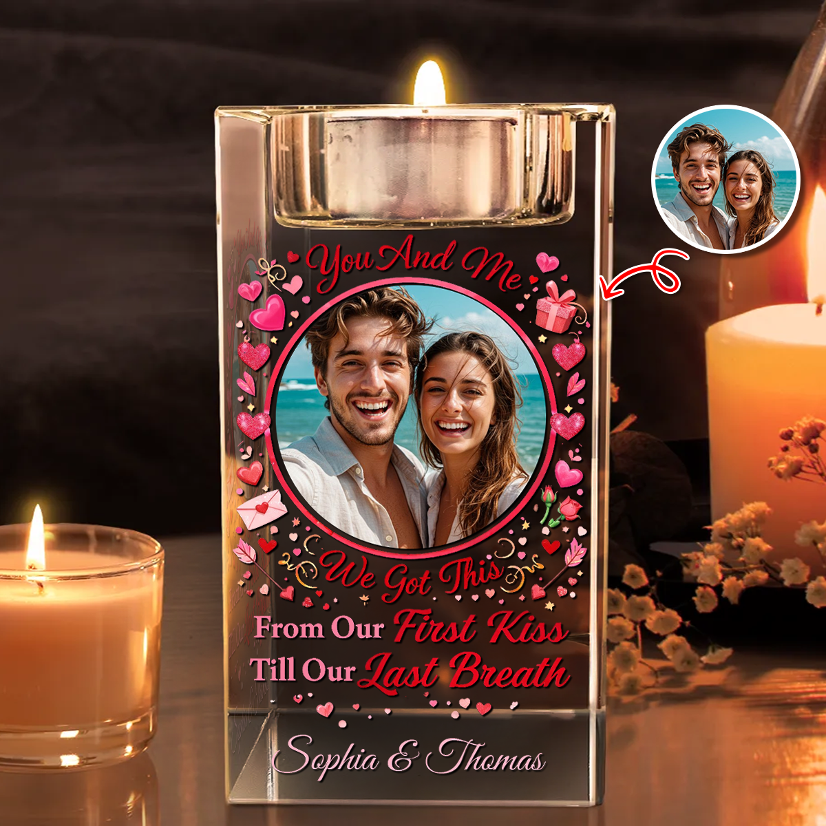 Personalized crystal candle holder with names, and "From our first kiss till our last breath" inscription.