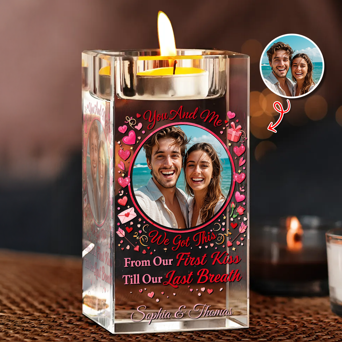 Personalized crystal candle holder with names, and "From our first kiss till our last breath" inscription.
