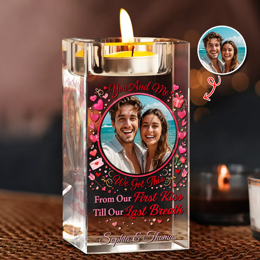 Personalized crystal candle holder with names, and "From our first kiss till our last breath" inscription.