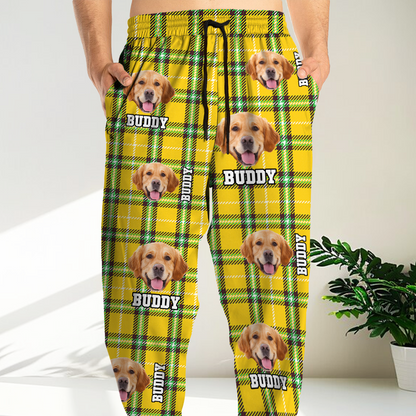 Funny custom face pajama pants with dog photos, a fun Christmas gift for pet lovers.