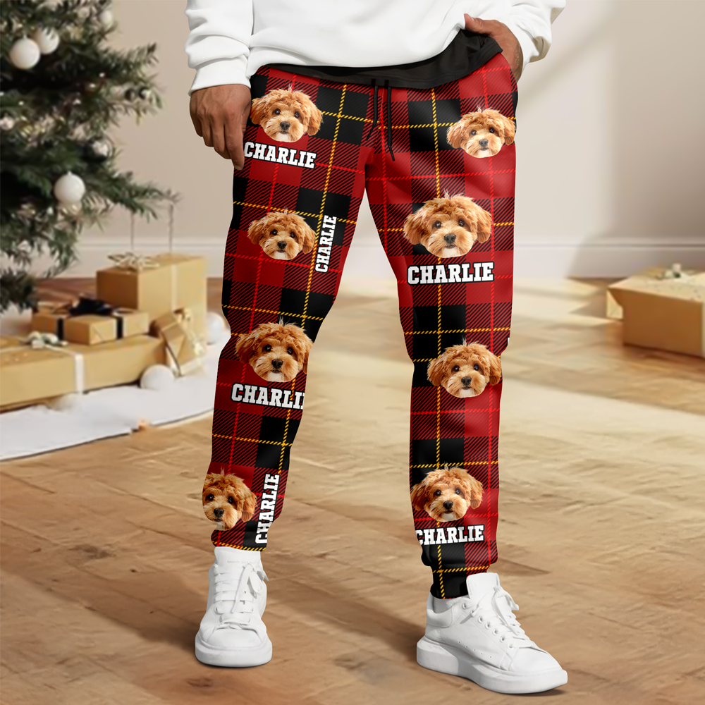 Funny custom face pajama pants with dog photos, a fun Christmas gift for pet lovers.