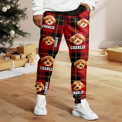 Funny custom face pajama pants with dog photos, a fun Christmas gift for pet lovers.