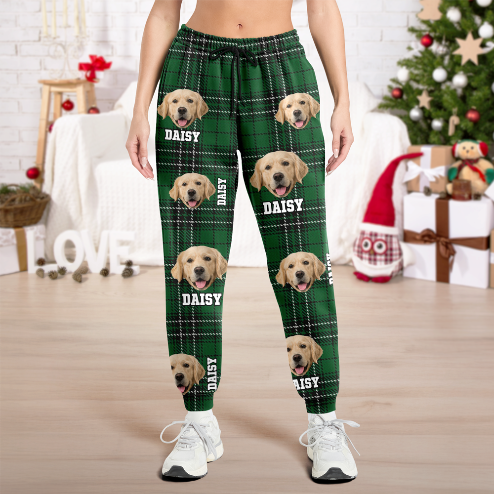 Funny custom face pajama pants with dog photos, a fun Christmas gift for pet lovers.