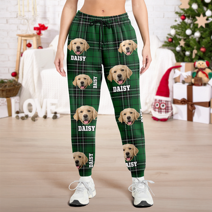 Funny custom face pajama pants with dog photos, a fun Christmas gift for pet lovers.