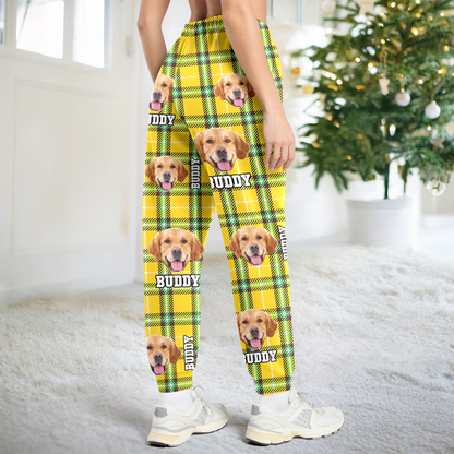 Funny custom face pajama pants with dog photos, a fun Christmas gift for pet lovers.